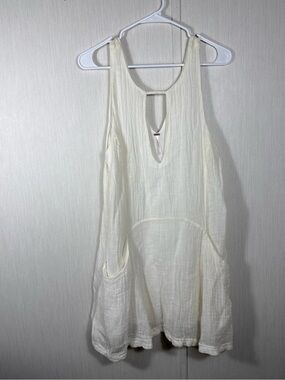 Free People White Linen Gauze Keyhole Mini Dress Sleeveless Pockets Boho S
